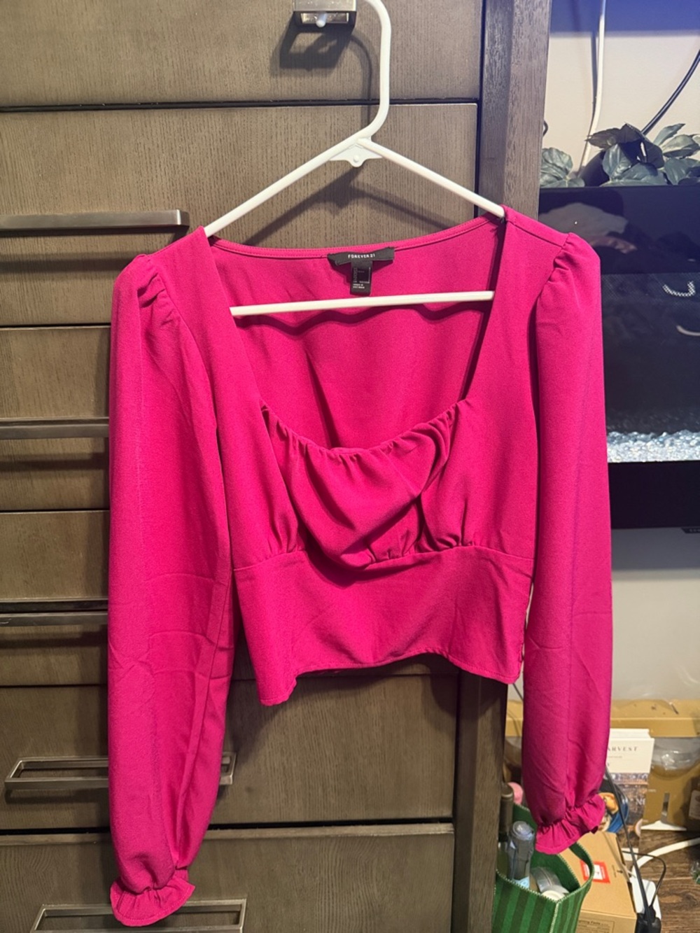 Forever 21 Fuchsia Long-Sleeve Square Neck Blouse